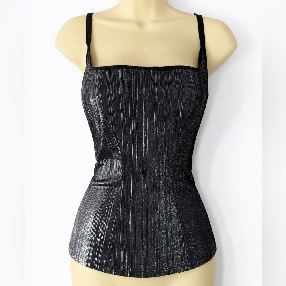 Vintage Le Chateau Y2K Metallic Strappy Cami Tank Built-In Bra black silver M